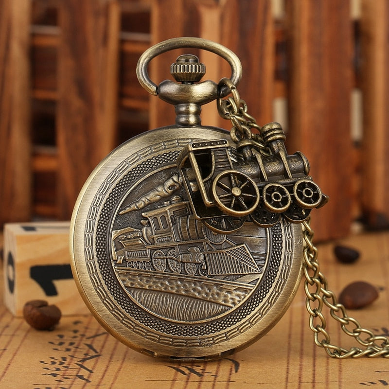 Bronze Train Locomotive Engine Quartz Pocket Watch