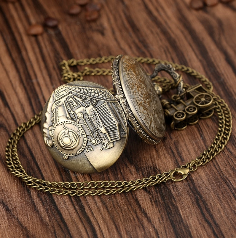 Bronze Train Locomotive Engine Quartz Pocket Watch