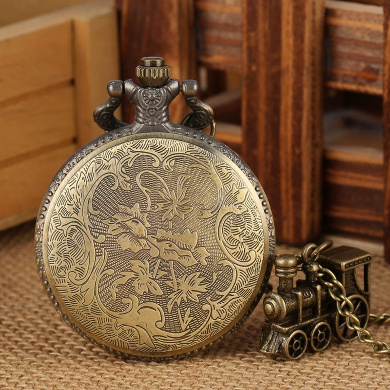 Vintage Bronze Quartz  Train Locomotive Engine Necklace Pocket Watch