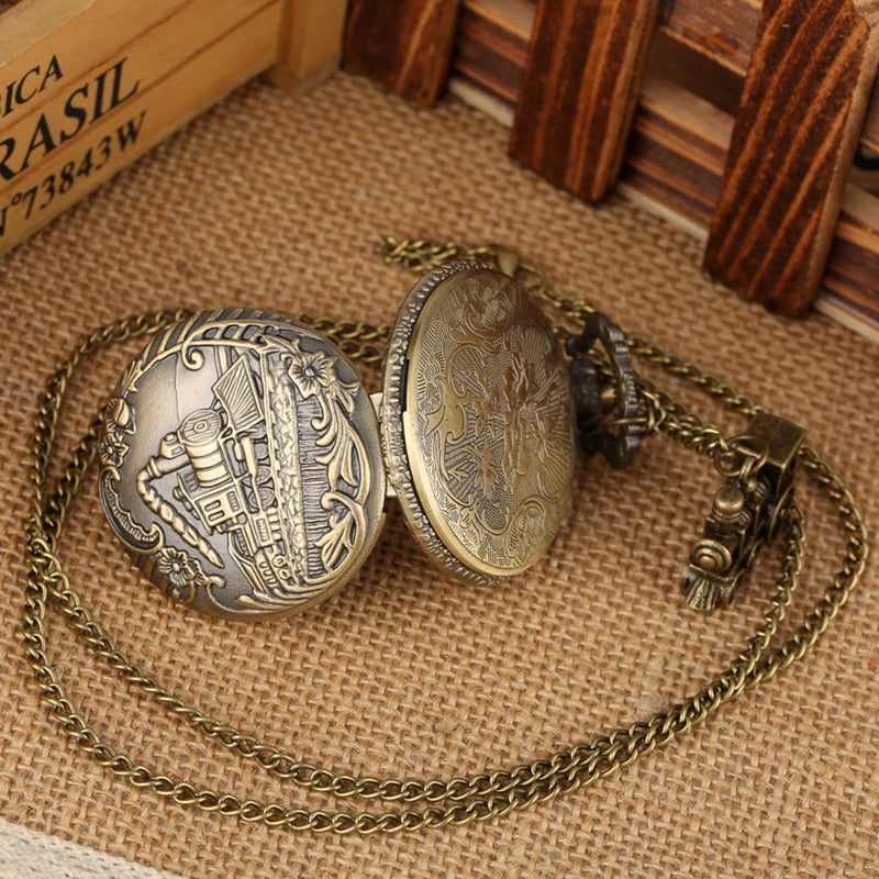 Vintage Bronze Quartz  Train Locomotive Engine Necklace Pocket Watch