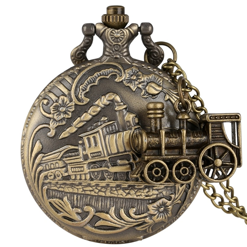 Vintage Bronze Quartz  Train Locomotive Engine Necklace Pocket Watch