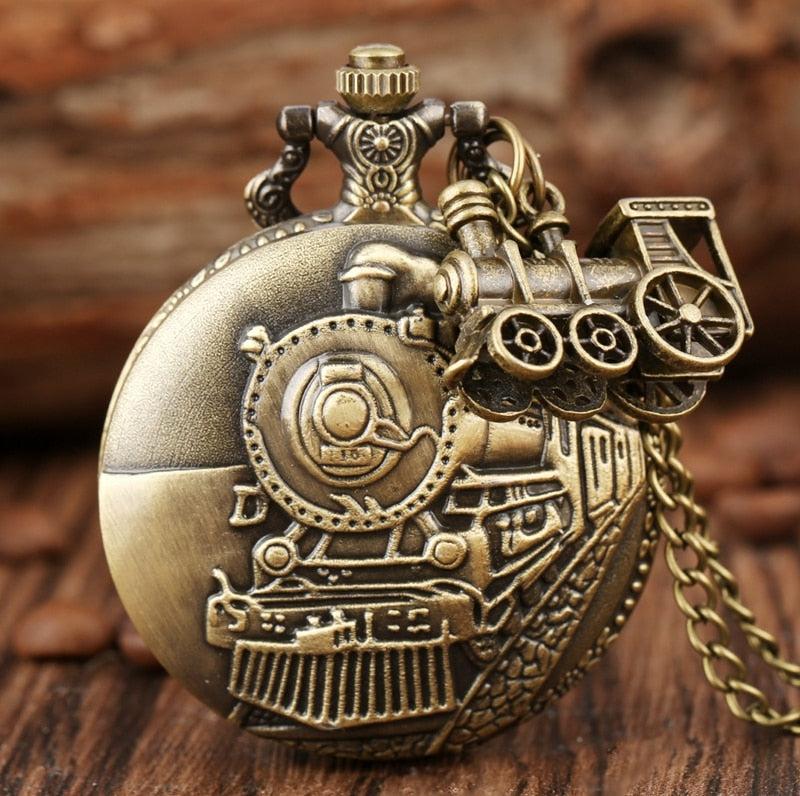 Bronze Train Locomotive Engine Quartz Pocket Watch