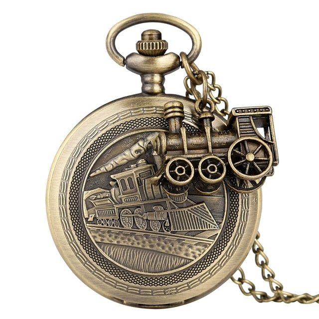 Bronze Train Locomotive Engine Quartz Pocket Watch
