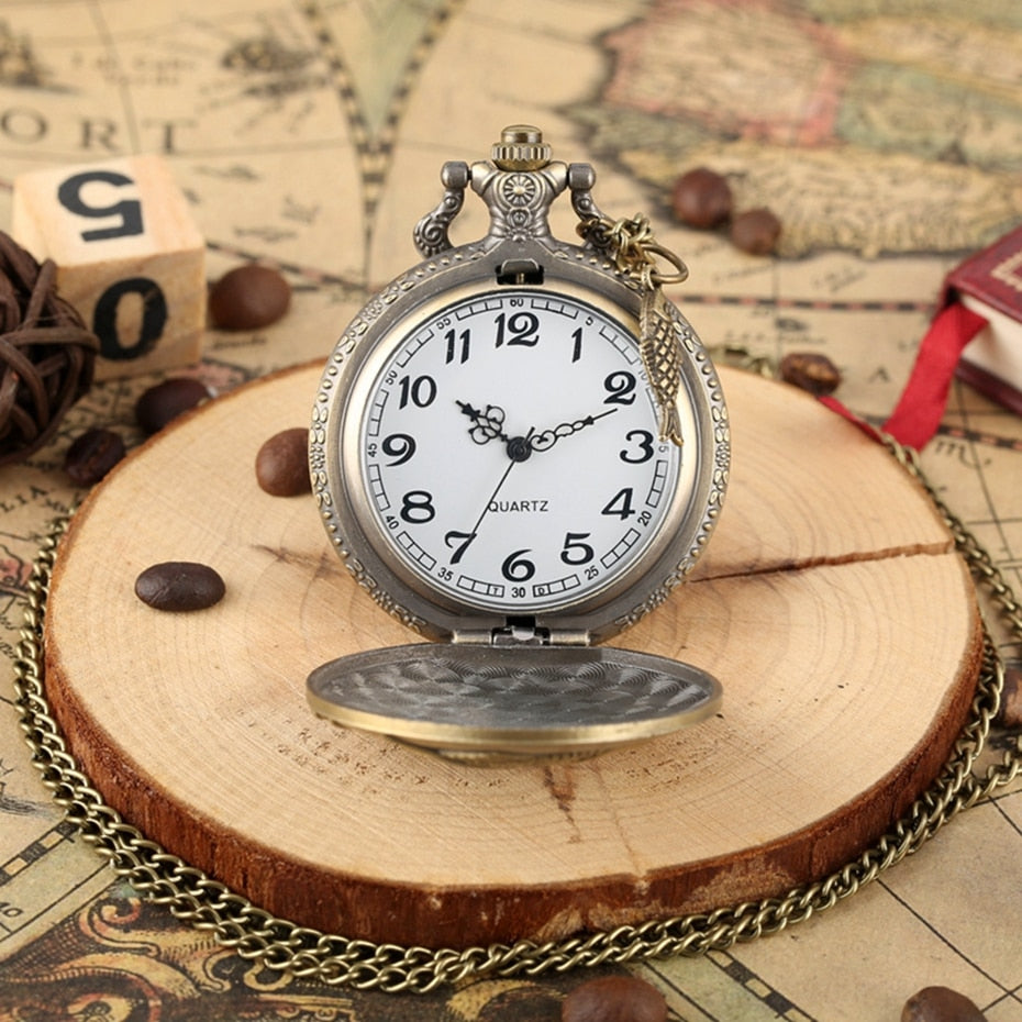 Unique Bronze Fishing Sculpture Pocket Watch