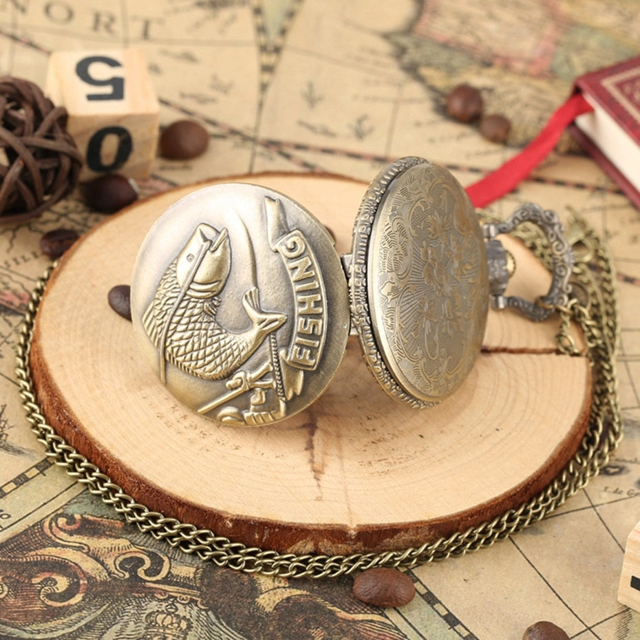 Unique Bronze Fishing Sculpture Pocket Watch