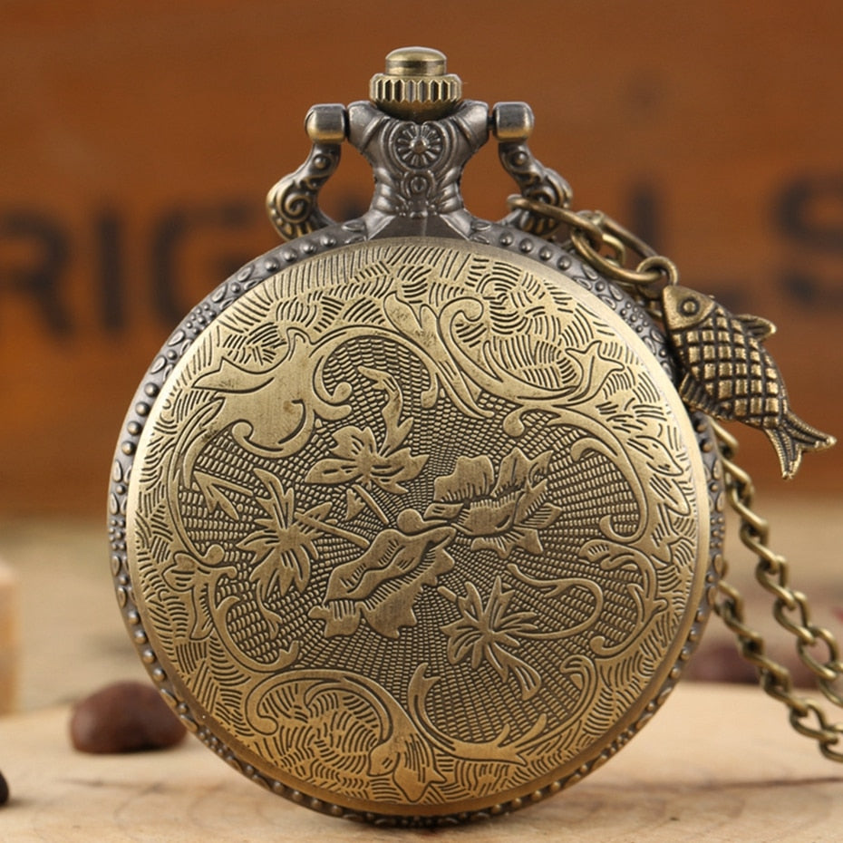 Unique Bronze Fishing Sculpture Pocket Watch