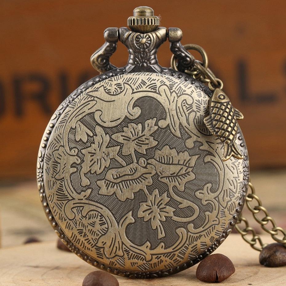 Unique Bronze Fishing Sculpture Pocket Watch