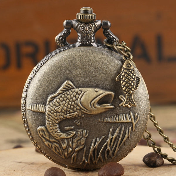 Reloj de bolsillo único con escultura de pesca en bronce