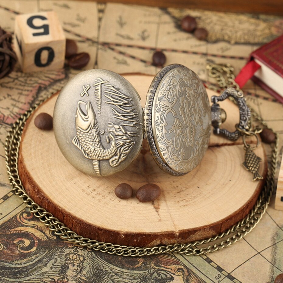 Unique Bronze Fishing Sculpture Pocket Watch