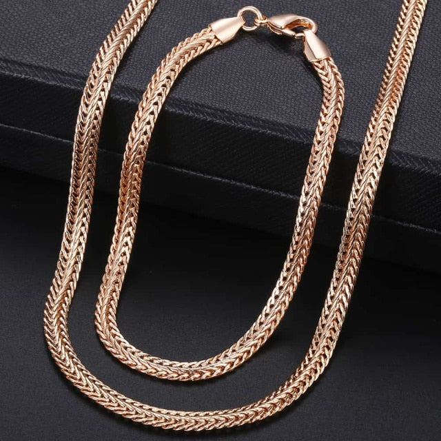 Rose Gold Braided Foxtail Bead Link Chain Necklace Bracelet Set