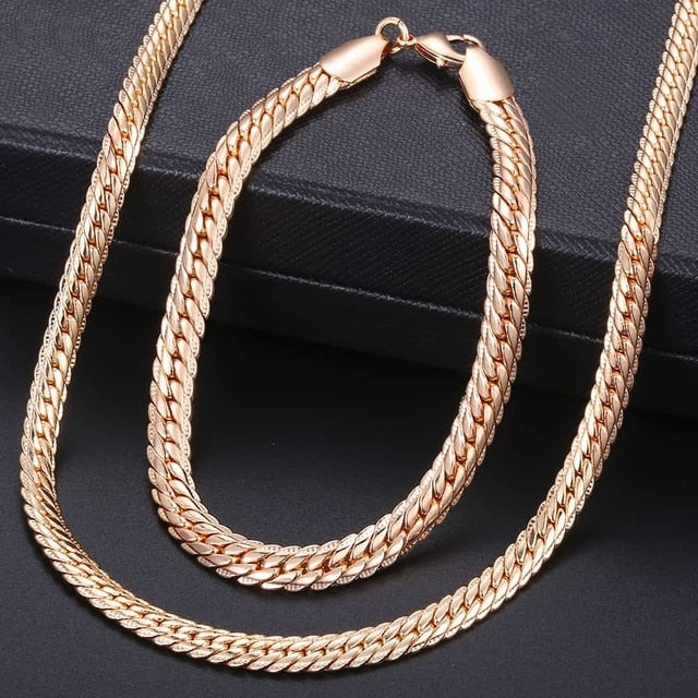 Rose Gold Braided Foxtail Bead Link Chain Necklace Bracelet Set