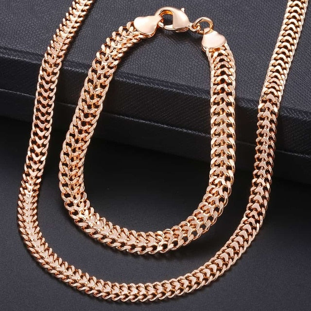 Rose Gold Braided Foxtail Bead Link Chain Necklace Bracelet Set