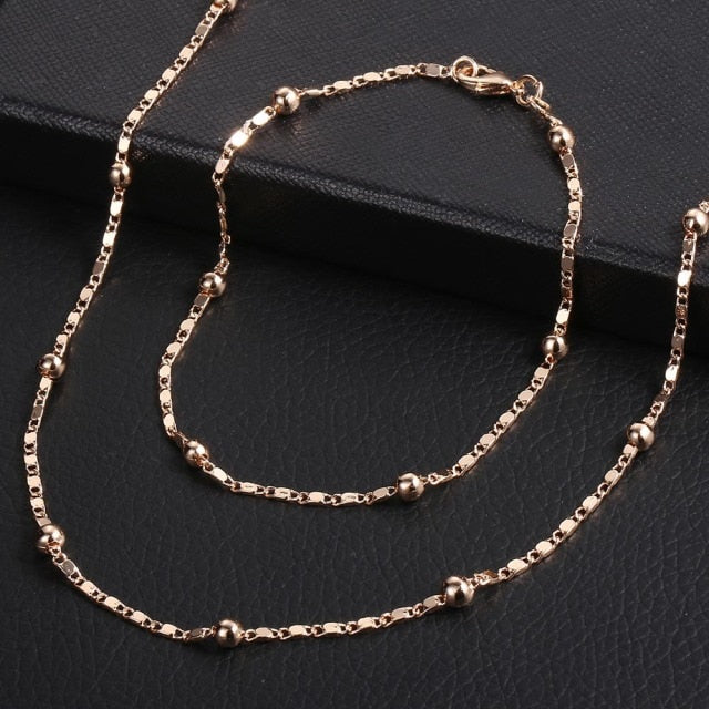 Rose Gold Braided Foxtail Bead Link Chain Necklace Bracelet Set