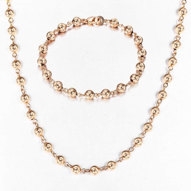 Rose Gold Braided Foxtail Bead Link Chain Necklace Bracelet Set