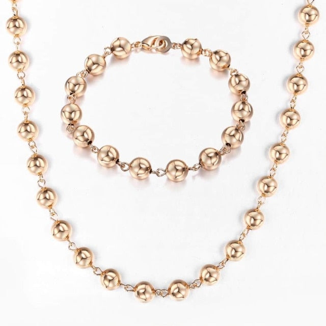 Rose Gold Braided Foxtail Bead Link Chain Necklace Bracelet Set