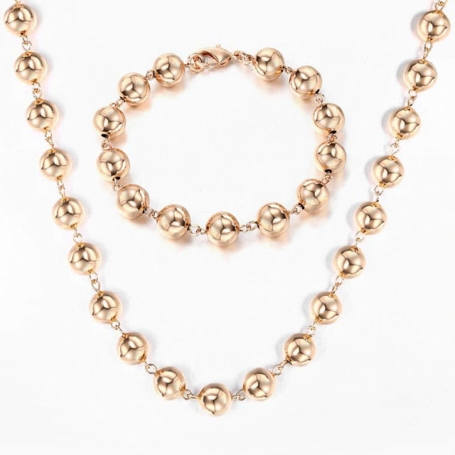 Rose Gold Braided Foxtail Bead Link Chain Necklace Bracelet Set