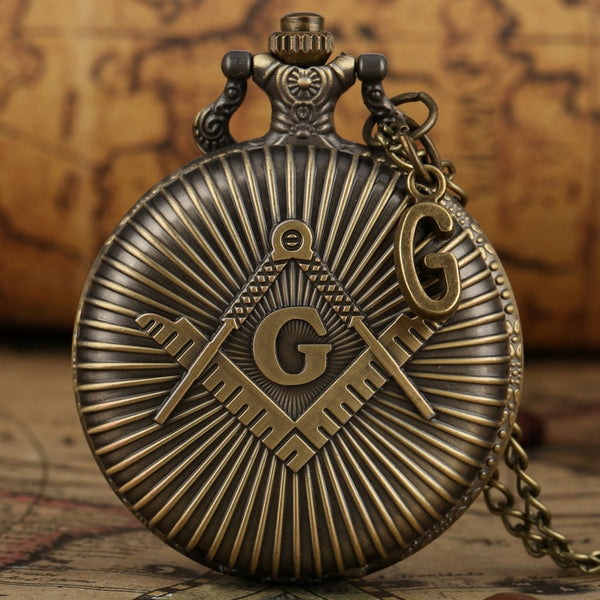 Reloj de bolsillo masónico con colgante de cuarzo de bronce antiguo