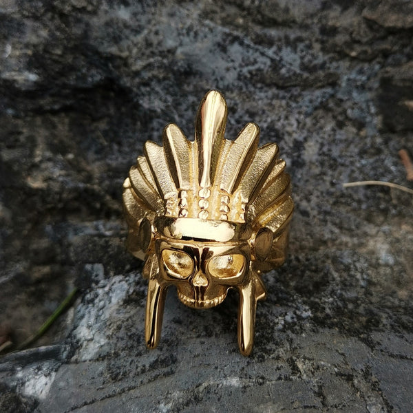 High Quality Gold Color 316L Stainless Steel African Tribal Chief Chieftain Skull Rings