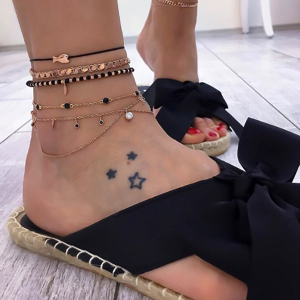 Tobilleras bohemias con cuentas negras de cristal y pez para mujer
