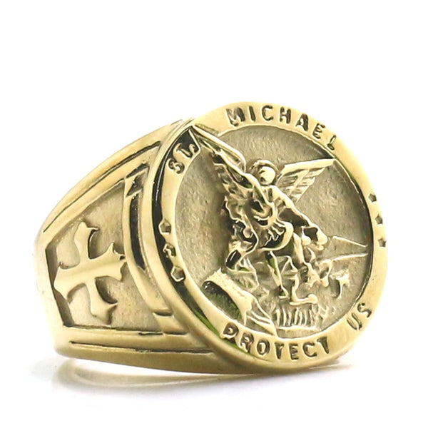 Anillo de acero inoxidable 316L con protección de la cruz de San Miguel para hombre