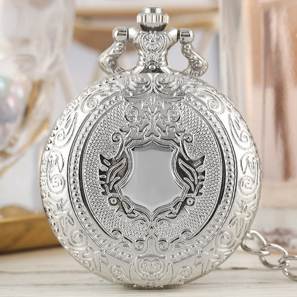 Reloj de bolsillo de cuarzo con diseño de corona y escudo plateado de lujo