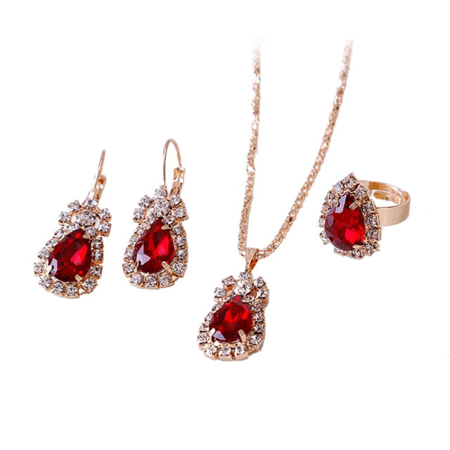Fashion Waterdrop Shiny Rhinestones Necklace Ring Earrings Women Jewelry Set