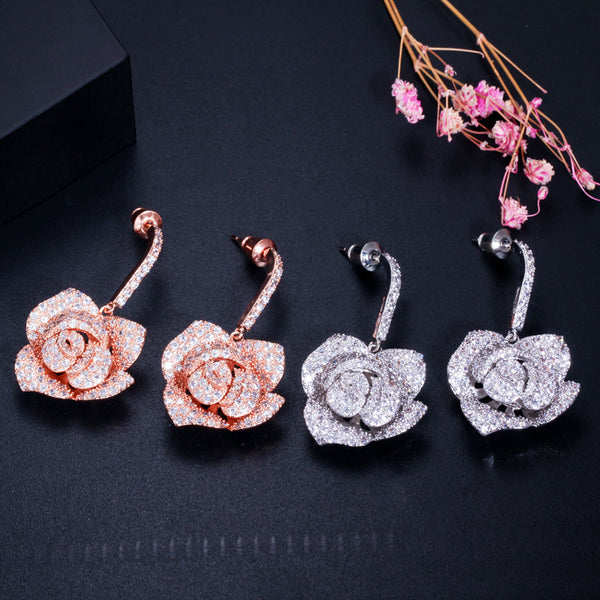 Rose Gold Color Cubic Zirconia Paved Rose Flower Big Long Hanging Drop Earrings
