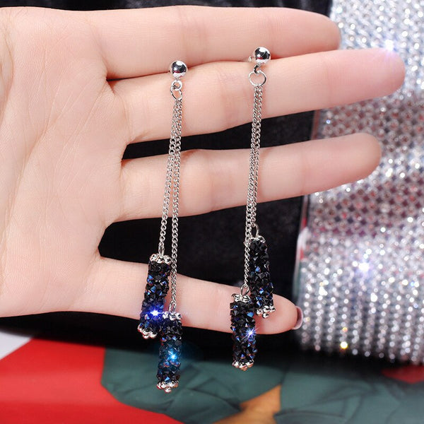 Korean fashion high-end creative blue crystal tassels earrings