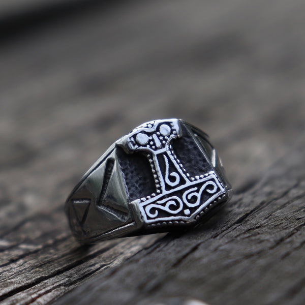 Mens Viking Odin Mjolnir Stainless Steel Ring Thor Hammer Runes Amulet Rings