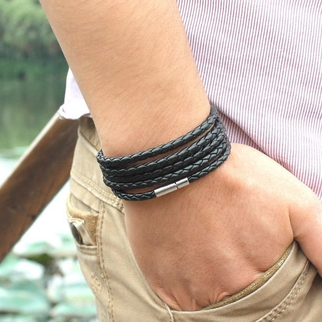 black retro Wrap Long leather bracelet