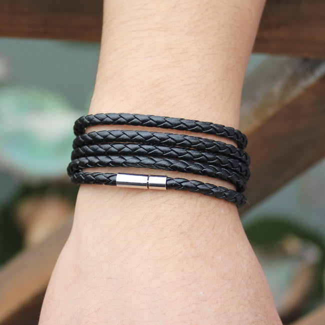 black retro Wrap Long leather bracelet