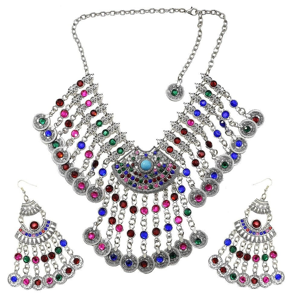 Afghan Silver Color Coin Tassel Bib Statement Necklace & Earring Sets