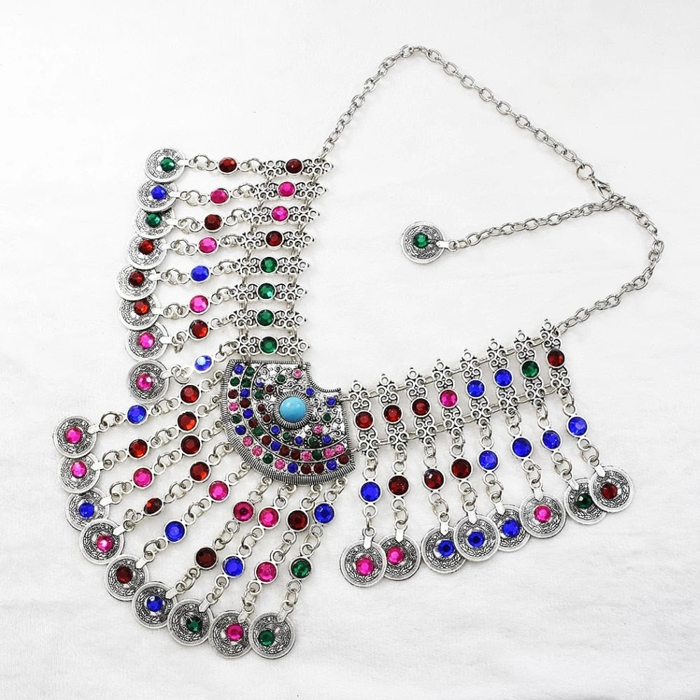 Afghan Silver Color Coin Tassel Bib Statement Necklace & Earring Sets