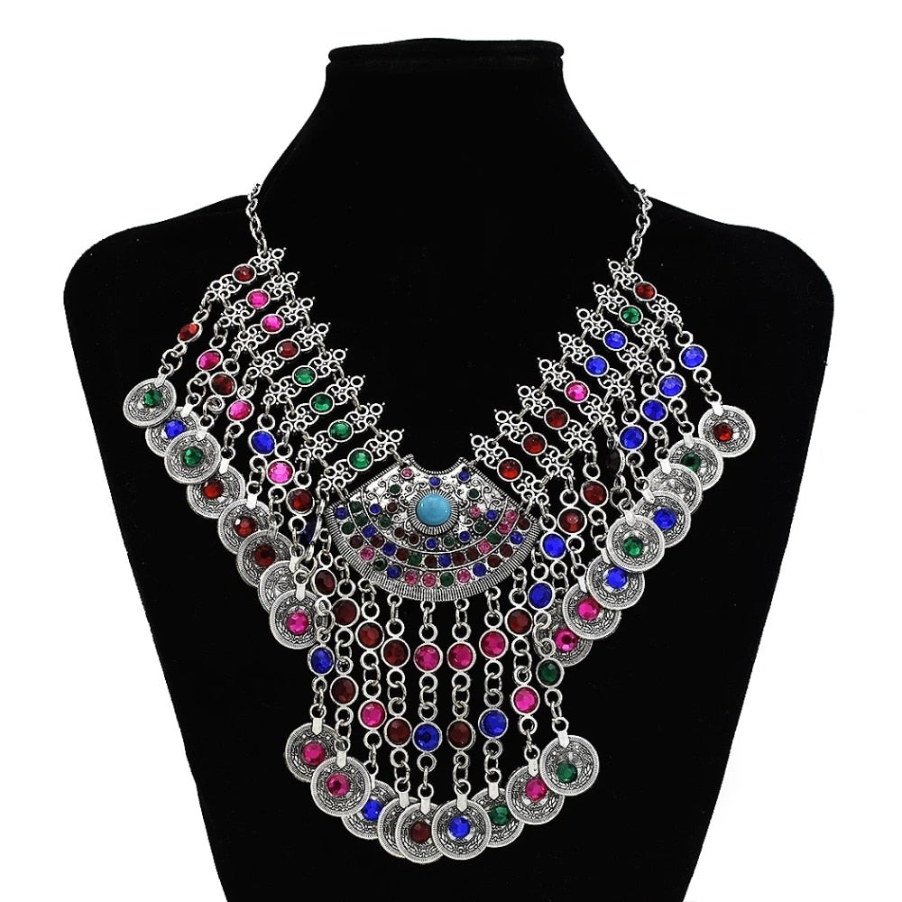 Afghan Silver Color Coin Tassel Bib Statement Necklace & Earring Sets