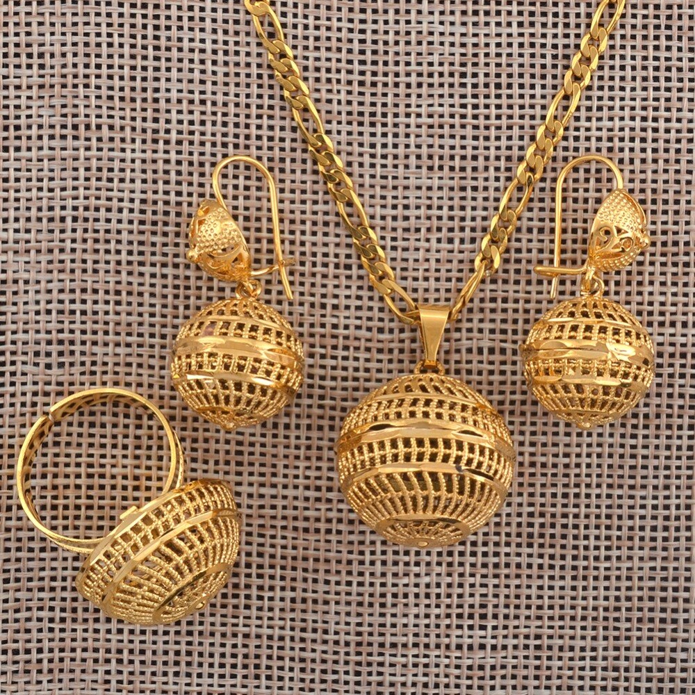 African Beads   Women Gold Color Round Ball Chains Jewelry Sets