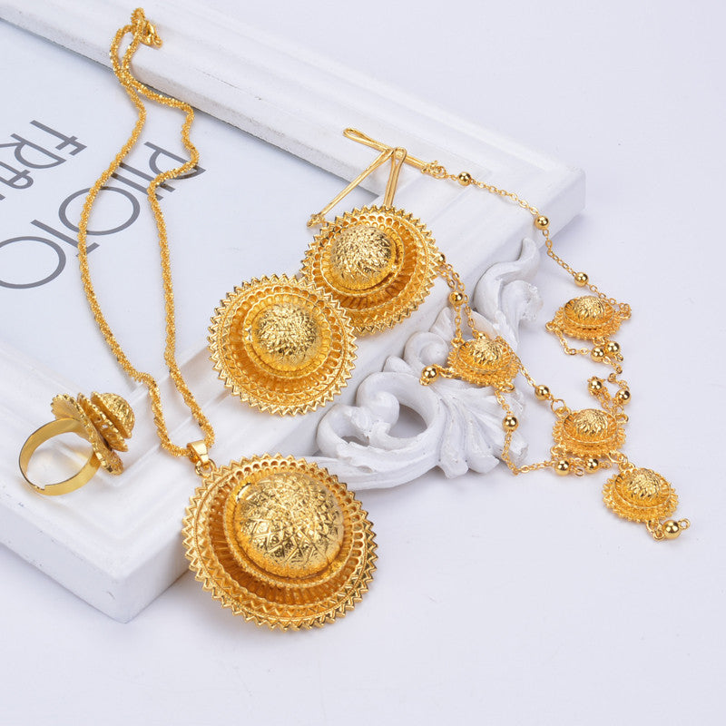 Gold Color African Wedding Earrings Necklaces Rings Headdress Set