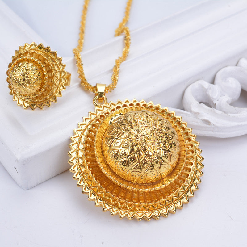 Gold Color African Wedding Earrings Necklaces Rings Headdress Set