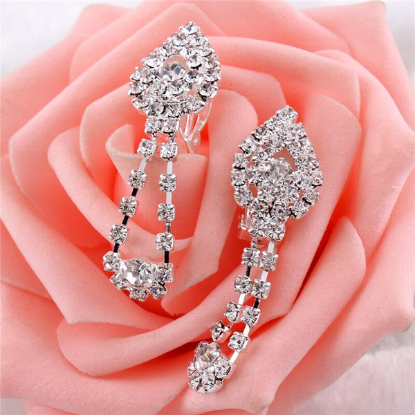 Rhinestone Crystal Tassel Clip on Earrings No Pierced for Girl Party