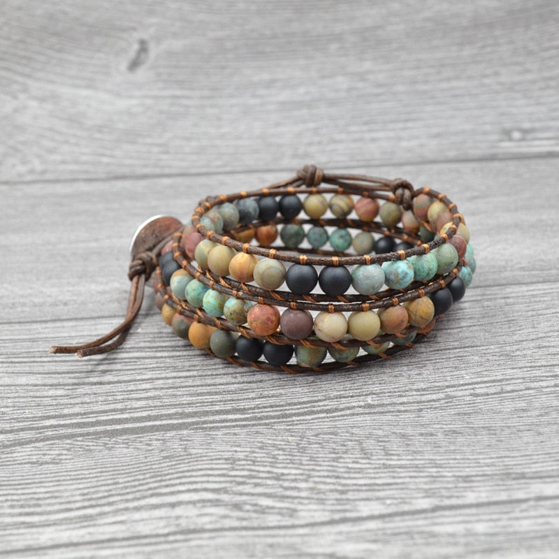 6MM Stone Beads Bohemia Leather Bracelets