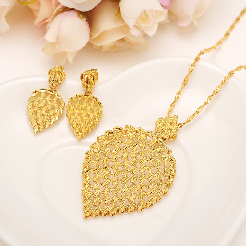 gold Necklace Earring Set Women Party Gift big Leaf Jewelry Sets