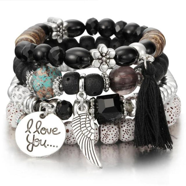 Pulseras de borlas con alas y cuentas de piedra de lava de cristal multicapa de moda