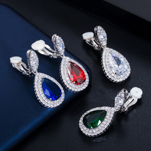 Big Dangle Drop Cubic Zirconia Stone Women Clip on Earrings