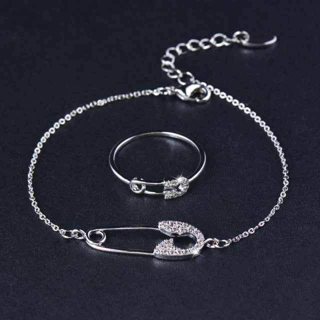 Trendy Pin Shape Chain Bracelet And Rings Set