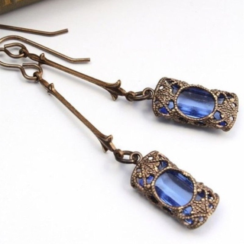 Women Earrings Vintage Blue/Green Zircon Rhinestones Dangle Earrings