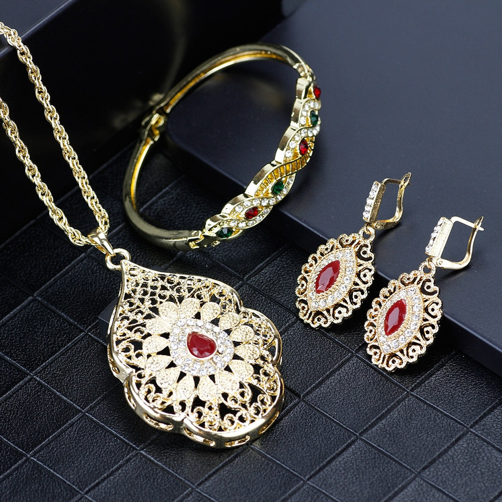Gold Color Arabic Necklace Earring Cuff Bracelet Jewelry Sets