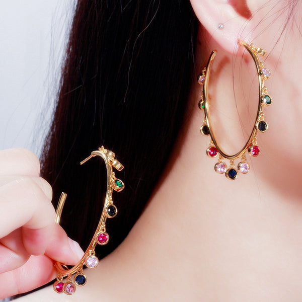 Rainbow Color Round Cubic Zircon Gold Color Big Circle Hanging Hoop Earrings