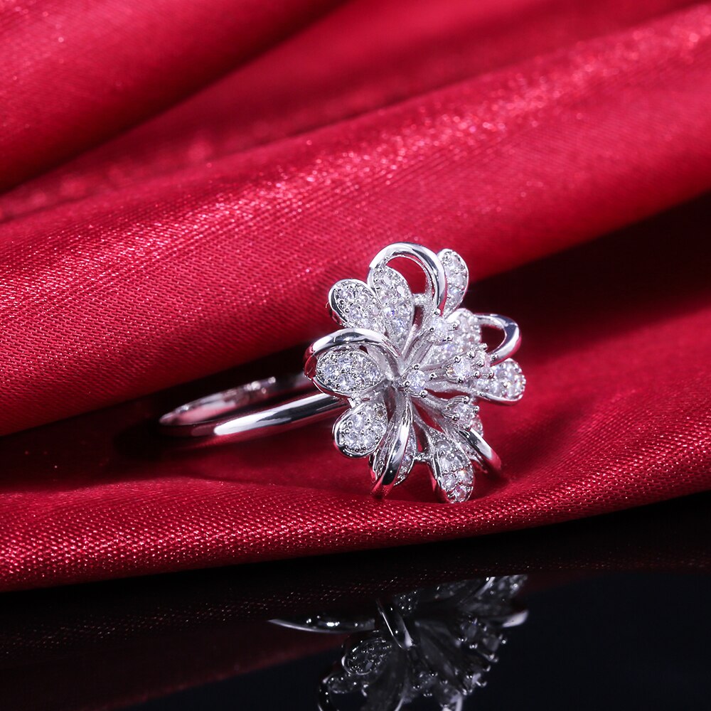 Cute Brilliant Elegant Snow Flower Flake Shaped With Cubic Zircon Stone Women Rings