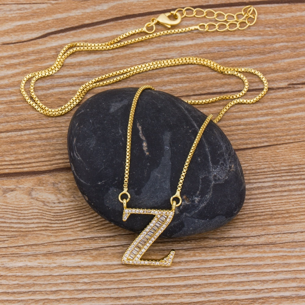 Luxury Gold Color A-Z 26 Letters Necklace CZ Pendant