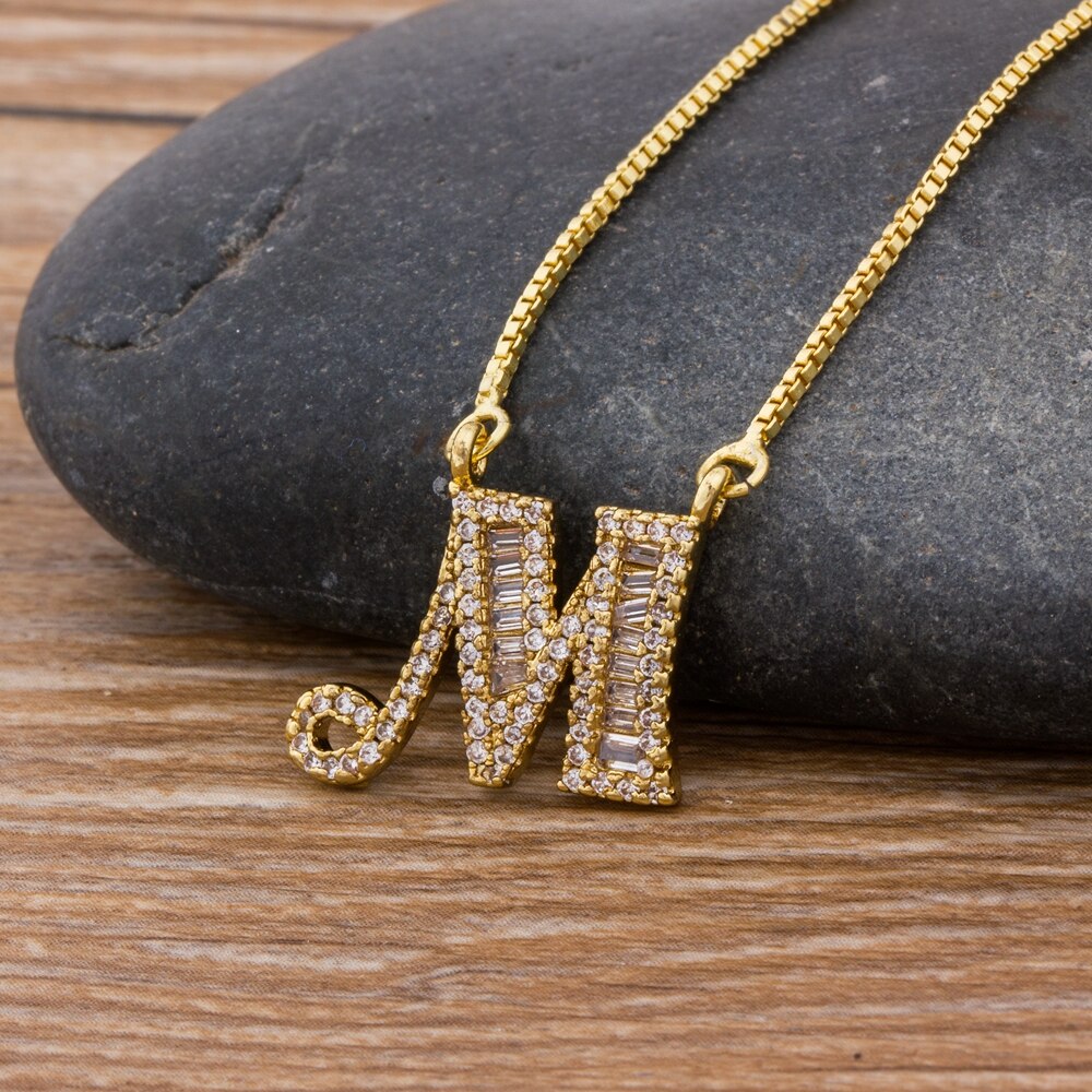 Luxury Gold Color A-Z 26 Letters Necklace CZ Pendant