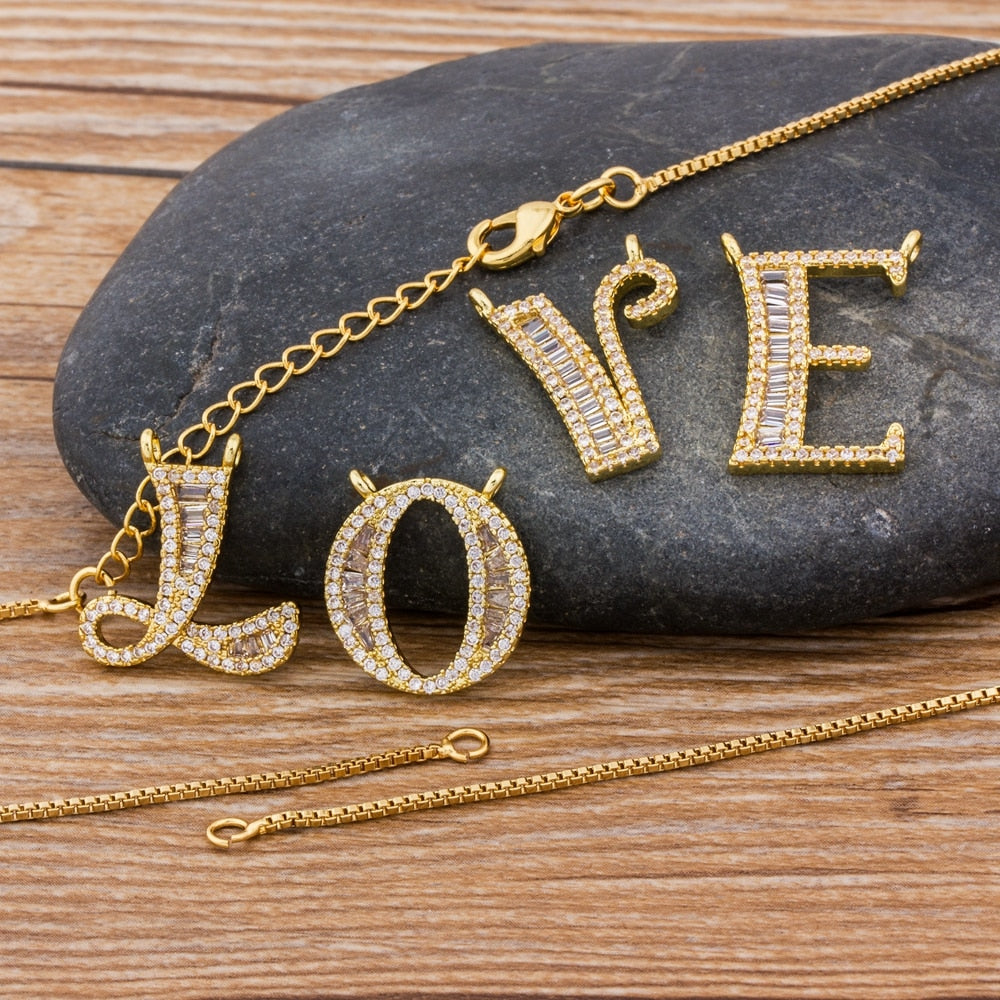 Luxury Gold Color A-Z 26 Letters Necklace CZ Pendant